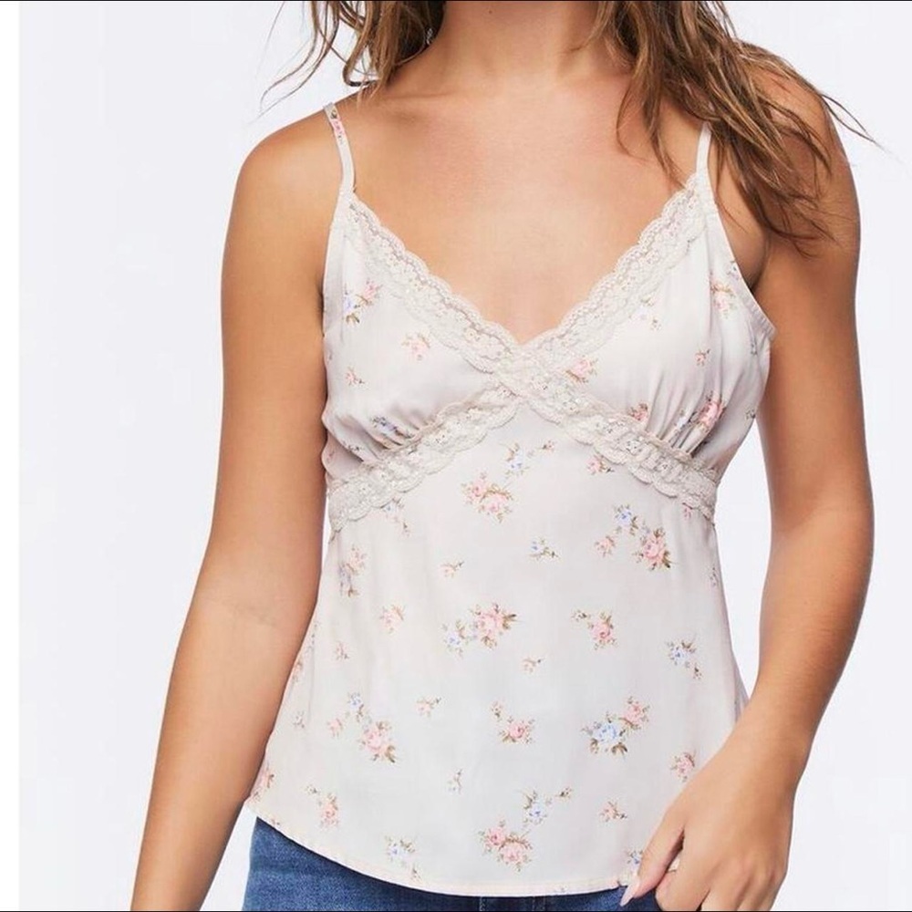 NWT Forever 21 Floral Satin Lace-Trim Cami Beige with floral print size Large